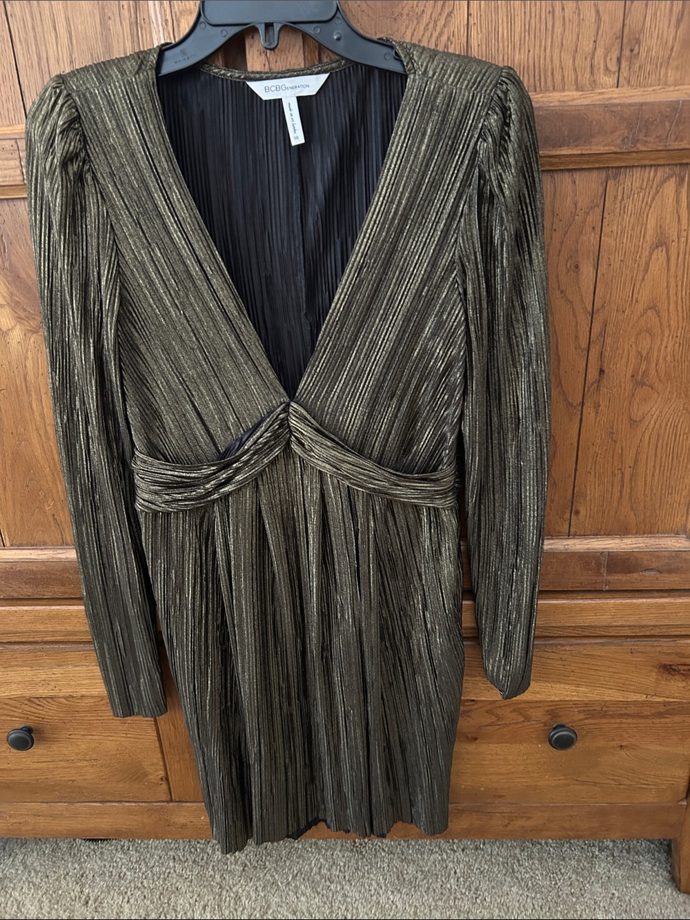 BCBGeneration Olive Metallic Long-Sleeve Twist Front Pleated Dress